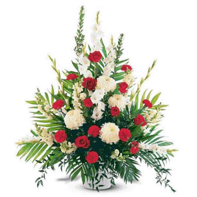 white gladiolli and red roses basket