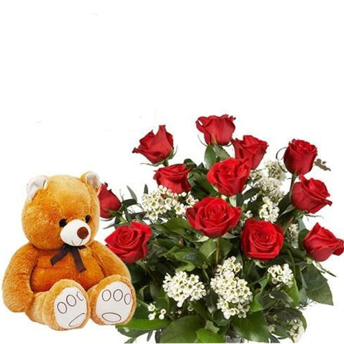 roses in a basket with teddy