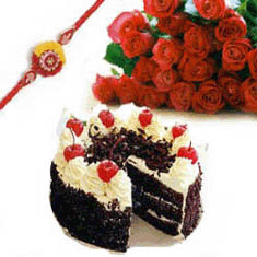 roses bunch and blackforest cake with rakhi