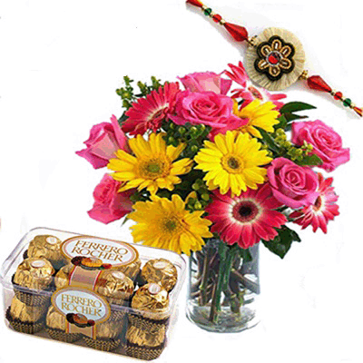 rakhi with mixed flowers in vase