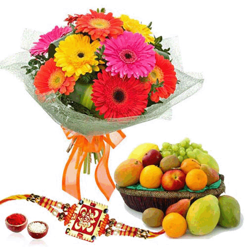 flowers and fruit basket with rakhi