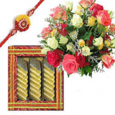 mixed flowers and kaju katli with rakhi